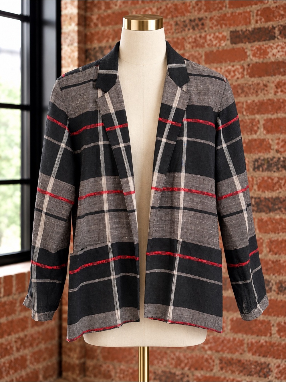 Vintage Paula Saker Linen Blend Plaid Blazer Black Gray Red